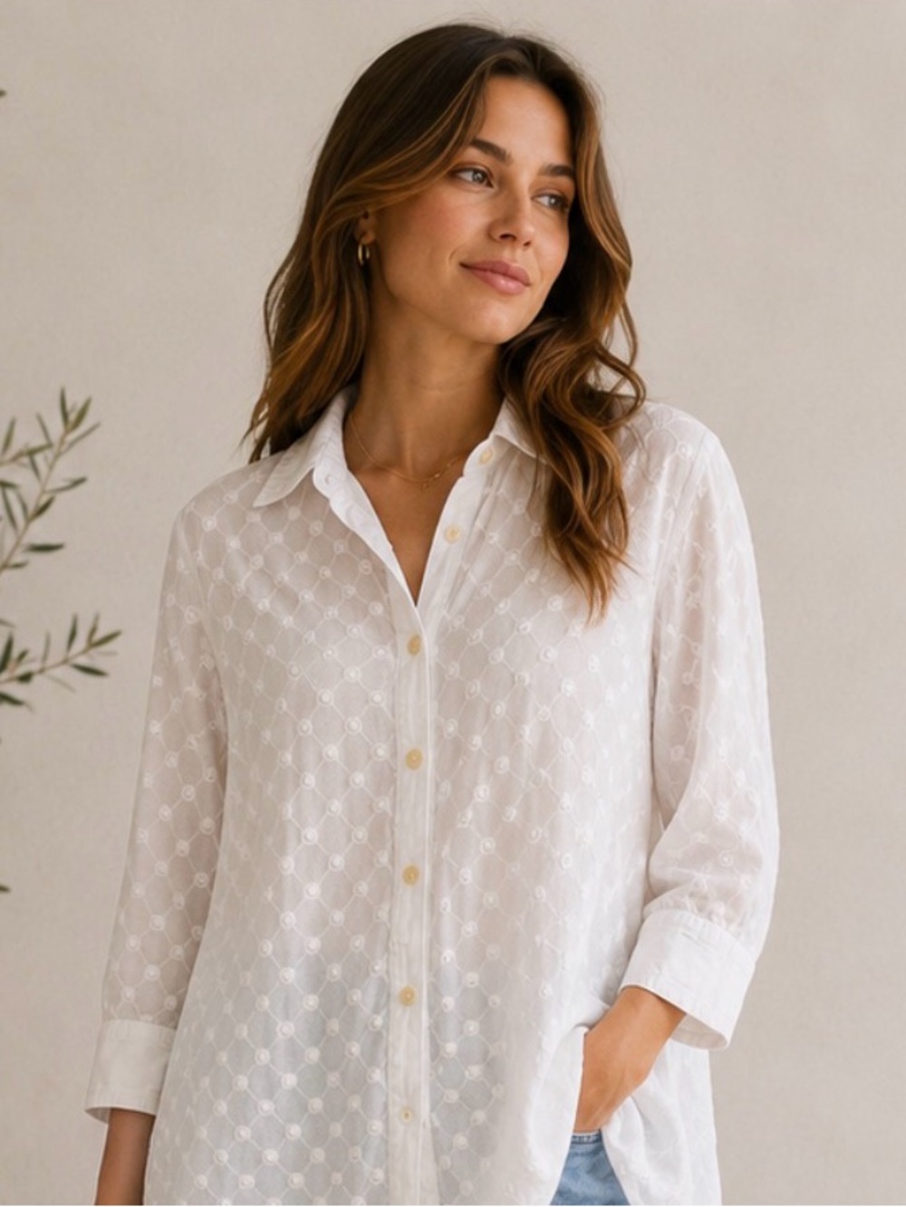 ✨🤍 Pearl by Lela‎ Rose White Eyelet Cotton Button Shirt Size 2 Cottagecore 🤍✨